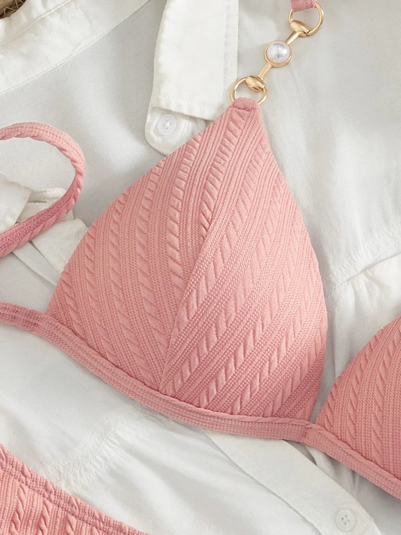 Women's Pink Cable Knit Bikini Set, Halter Triangle Two Piece Swimsuit with Pearl & Gold Chain Detail for Beach Vacation
