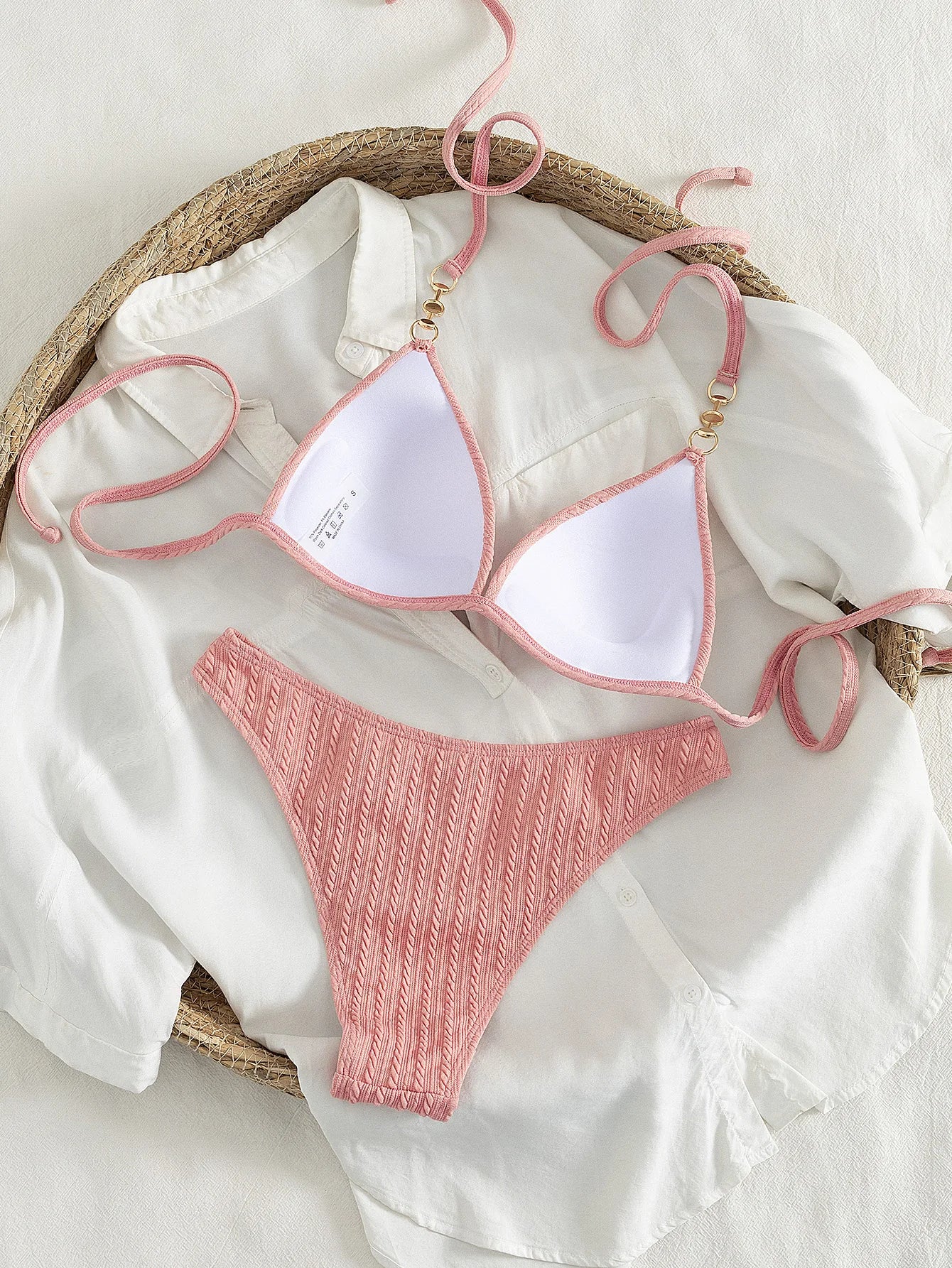 Women's Pink Cable Knit Bikini Set, Halter Triangle Two Piece Swimsuit with Pearl & Gold Chain Detail for Beach Vacation