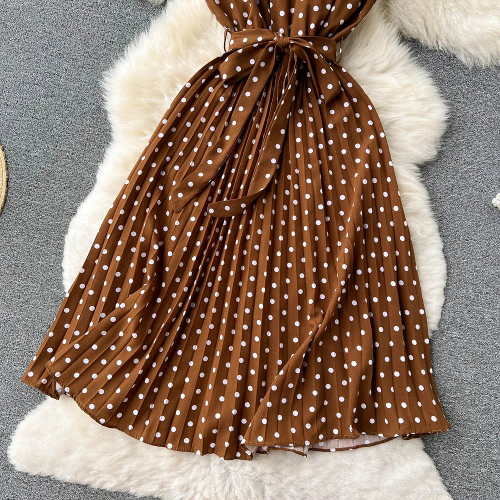 Neploe Summer Gentle Style French Retro Polka Dot Dress Sleeveless Lace Up Slim Waist Thin Vestido Sweet Pleated Femme Robe