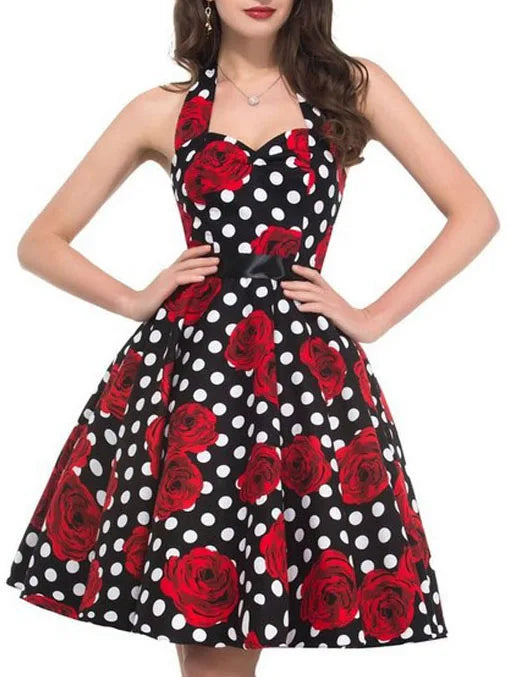 Summer Casual Dress Women  Polka Dot Retro Swing Gown Pin Up Robe Vintage 60s 50s Rockabilly Sundress