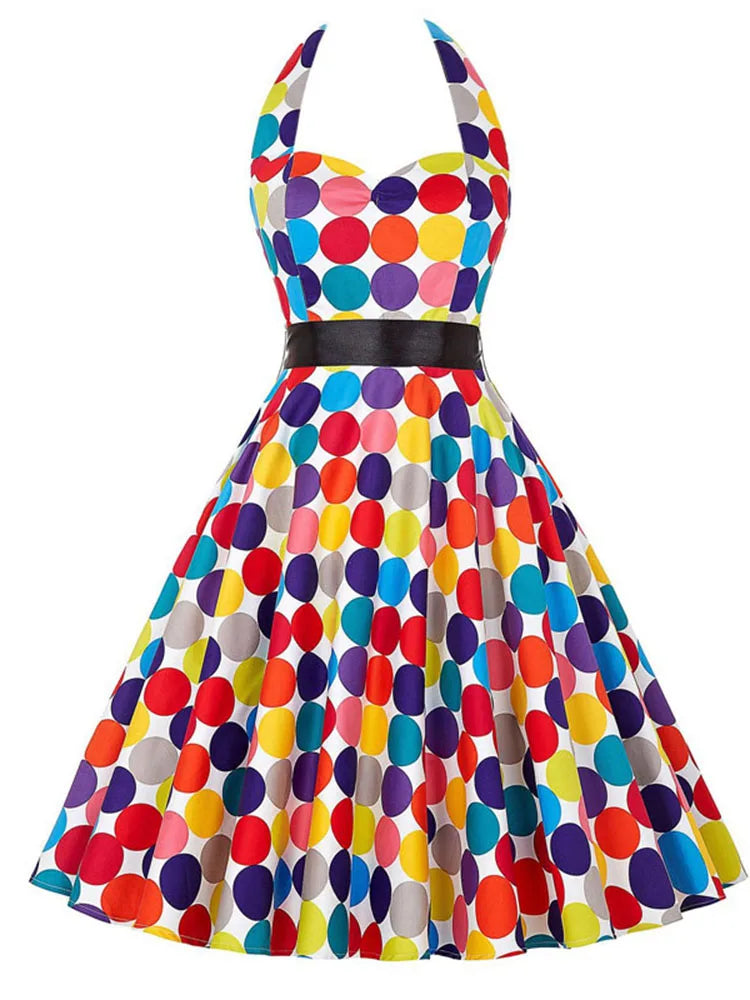 Summer Casual Dress Women  Polka Dot Retro Swing Gown Pin Up Robe Vintage 60s 50s Rockabilly Sundress
