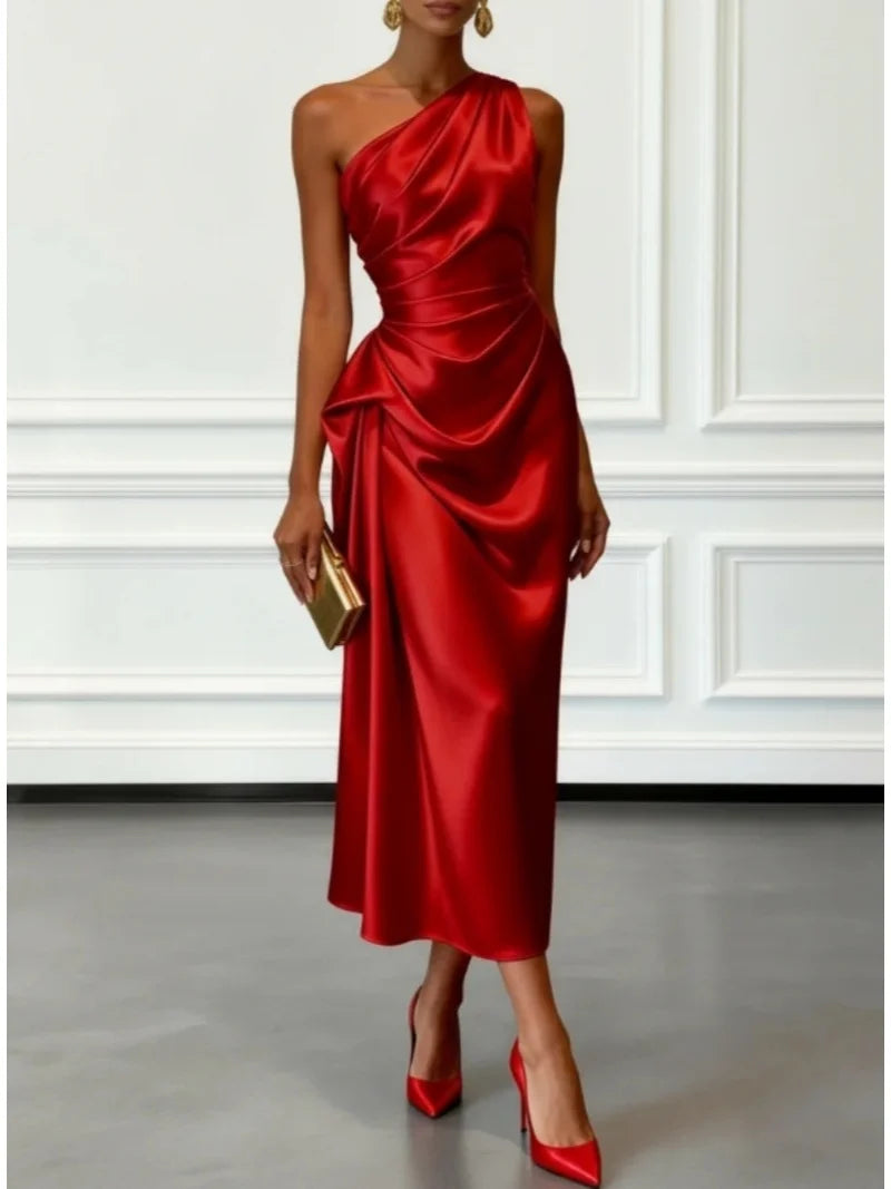 Vestido Midi de Satén con Un Hombro y Cintura Fruncida