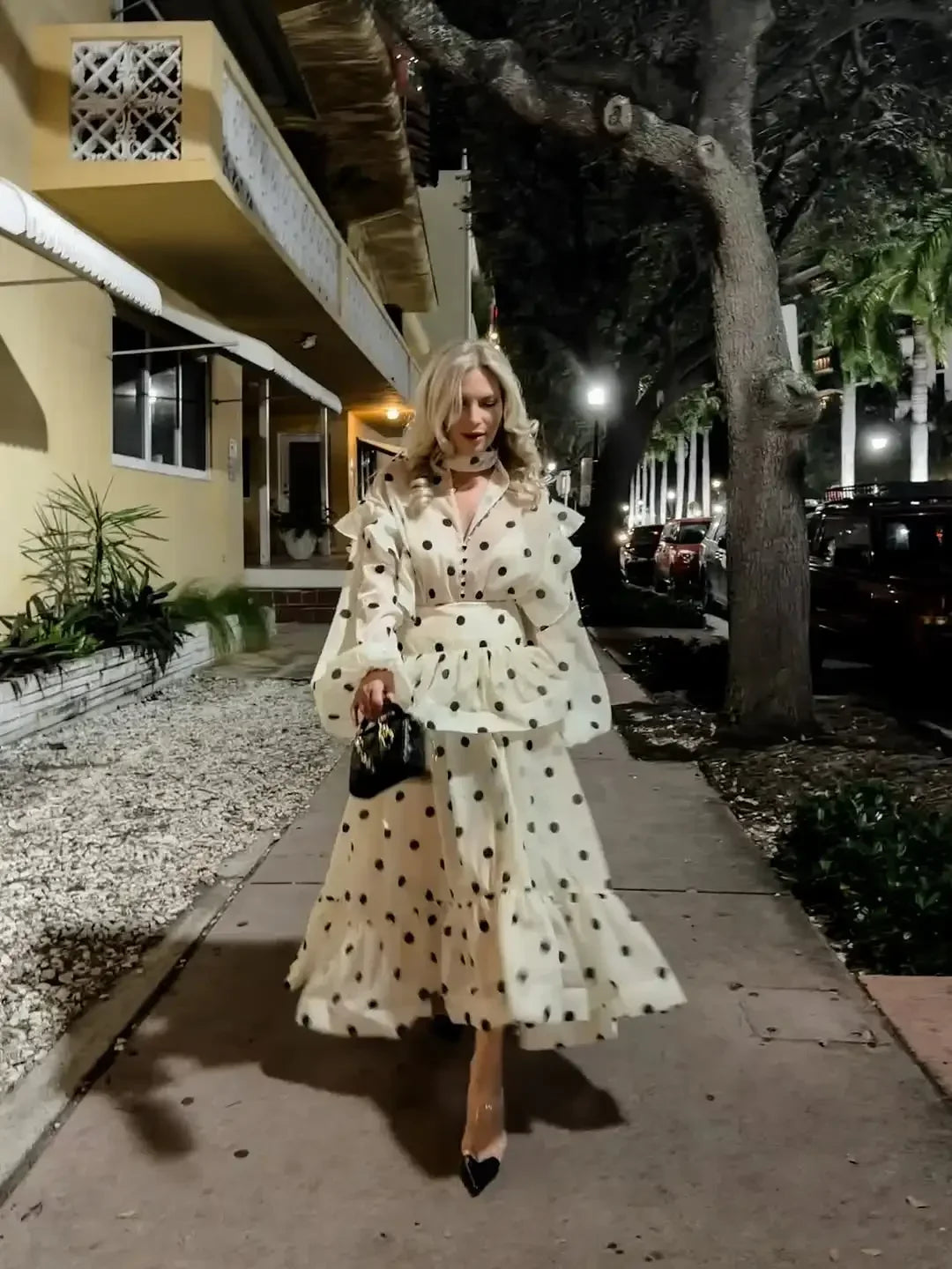 Women Casual Polka Dot Dress Chic Stand Collar Puff Sleeves See Through Ruffle Maxi Vestidos 2026 New Lady Vacation Party Wears