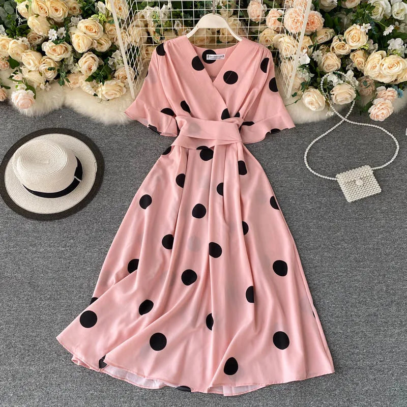 YuooMuoo Chic Fashion Polka Dot Print Women Dress 2025 New Summer Elegant Vintage Bandage Slim Waist Big Swing Long Party Dress