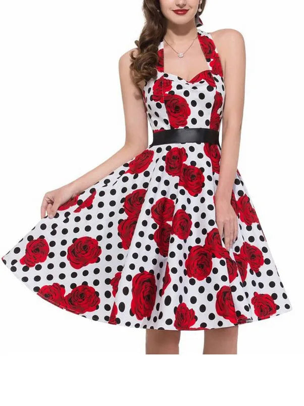 Summer Casual Dress Women  Polka Dot Retro Swing Gown Pin Up Robe Vintage 60s 50s Rockabilly Sundress