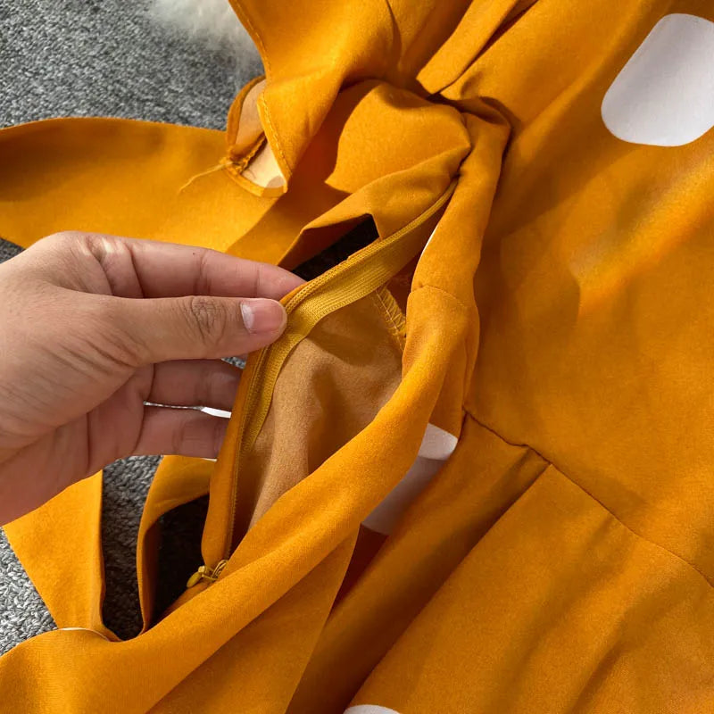 YuooMuoo Chic Fashion Polka Dot Print Women Dress 2025 New Summer Elegant Vintage Bandage Slim Waist Big Swing Long Party Dress