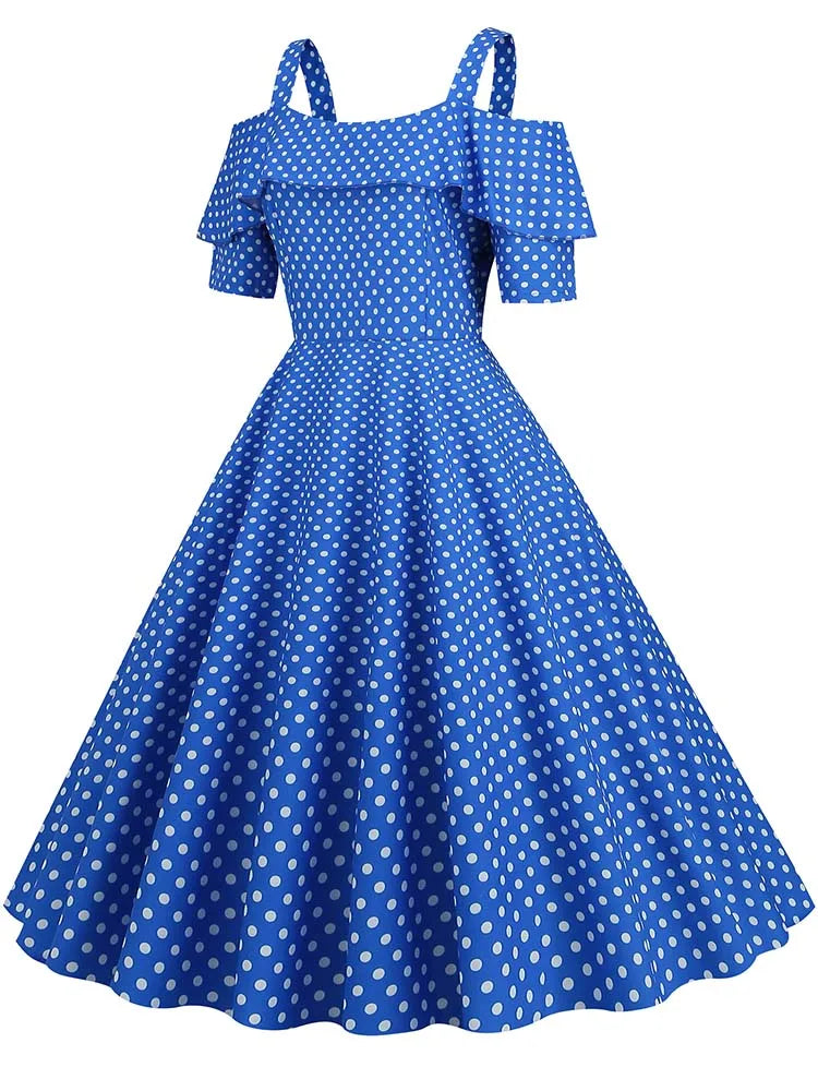 Off the Shoulder Elegant Vintage Party Dress Women Summer Polka Dot Ruffles A Line Midi Dresses