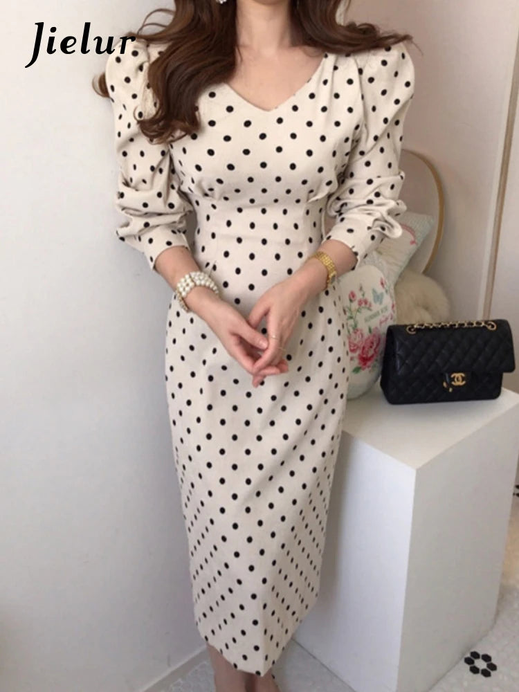 Jielur Vintage Elegant Polka Dot Corduroy Dress Korea Long Sleeves Midi Dresses for Women V-Neck Slim Vestidos Autumn 2022 New