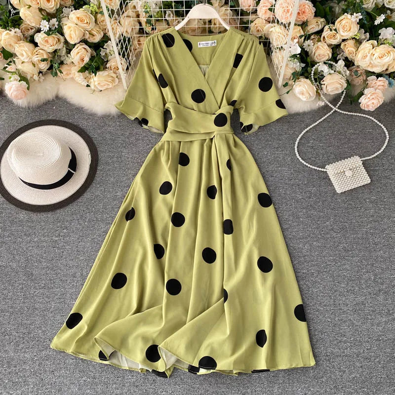YuooMuoo Chic Fashion Polka Dot Print Women Dress 2025 New Summer Elegant Vintage Bandage Slim Waist Big Swing Long Party Dress