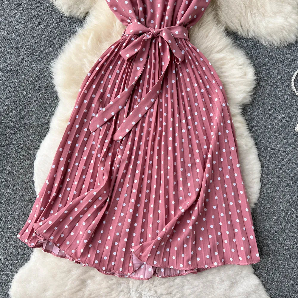 Neploe Summer Gentle Style French Retro Polka Dot Dress Sleeveless Lace Up Slim Waist Thin Vestido Sweet Pleated Femme Robe