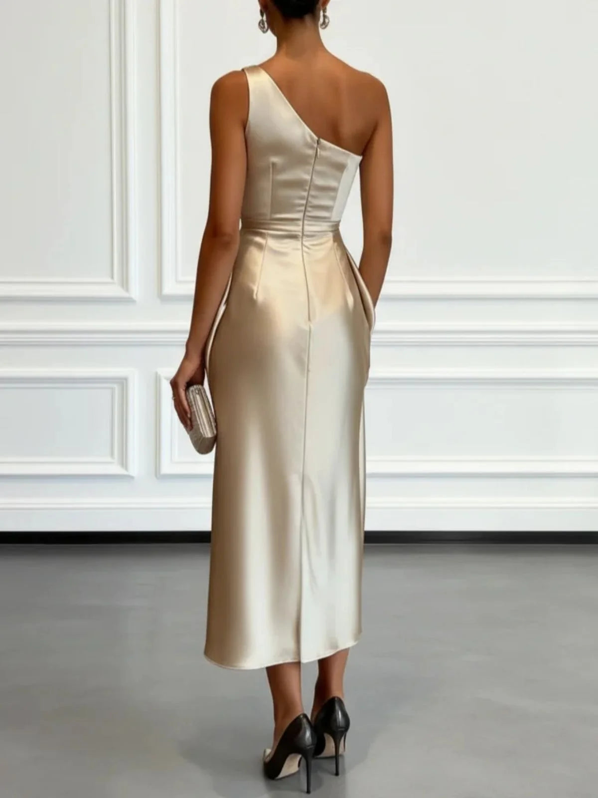 Vestido Midi de Satén con Un Hombro y Cintura Fruncida