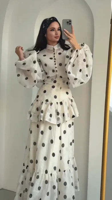 Women Casual Polka Dot Dress Chic Stand Collar Puff Sleeves See Through Ruffle Maxi Vestidos 2026 New Lady Vacation Party Wears