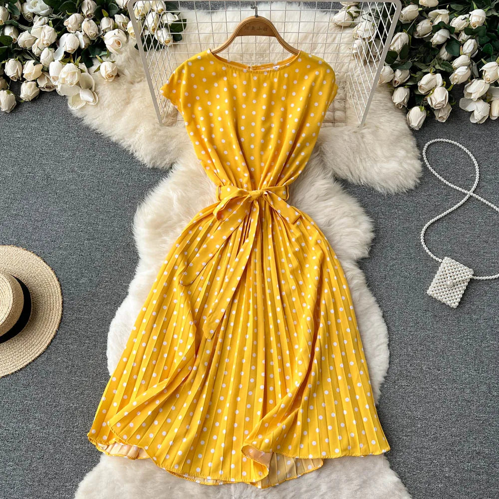 Neploe Summer Gentle Style French Retro Polka Dot Dress Sleeveless Lace Up Slim Waist Thin Vestido Sweet Pleated Femme Robe