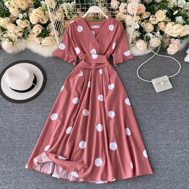 YuooMuoo Chic Fashion Polka Dot Print Women Dress 2025 New Summer Elegant Vintage Bandage Slim Waist Big Swing Long Party Dress
