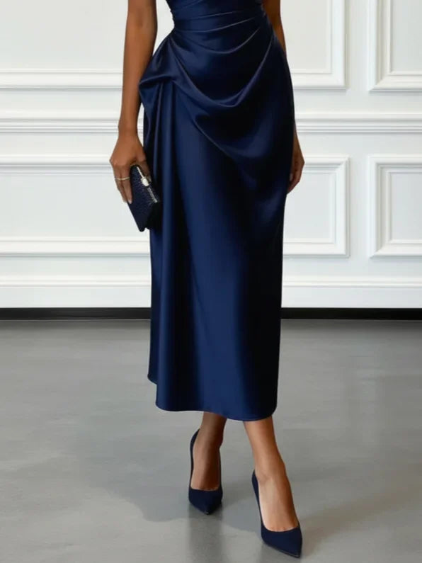 Vestido Midi de Satén con Un Hombro y Cintura Fruncida